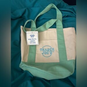 NEW!Trader Joe's Mini Pastel Canvas Tote Bag - Mint & Cream